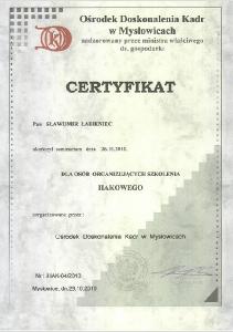 certyfikat ukończenia szkolenia dla osób organizujących szkolenia hakowego